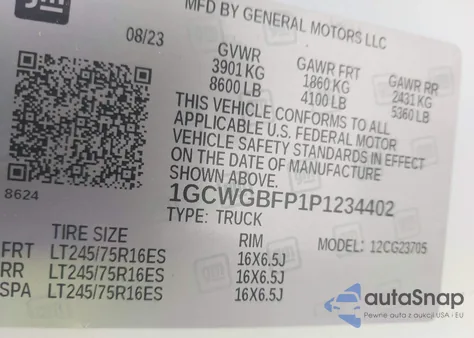 2023 Chevrolet Express Cargo Rwd 2500 Extended Wheelbase Wt z USA, uszkodzony, nr VIN 1GCWGBFP1P1234402